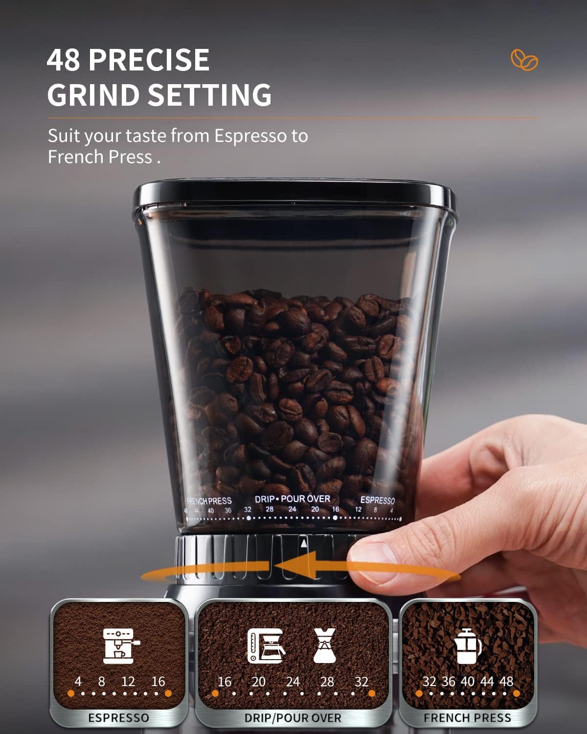 Conical Burr Coffee Bean Grinder, Anti-Static, 48 Settings, Silver – detail