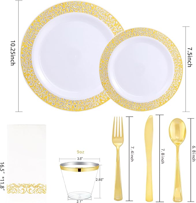 Plates: Gold Plastic Disposable Set for 50 Guests, Dinner and Dessert Sizes