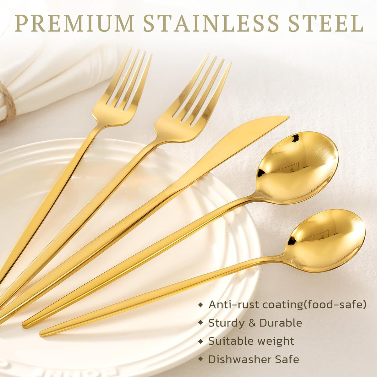 Silverware Set 48-Piece Gold Flatware Set with Steak Knives Food-Grade – alternate view