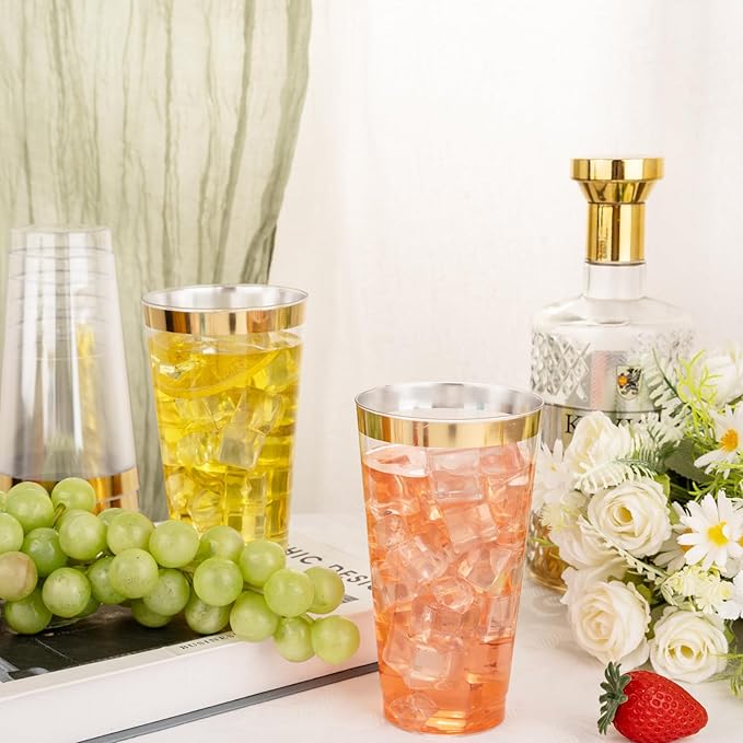 Cups, 16 oz Clear Plastic with Gold Rim, 100 Count