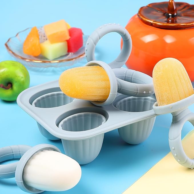 Silicone Baby Ice Pop Molds with Easy-Grip Handles, 4-Cavity Frozen Treat Tray for Toddlers, Mini Popsicle Maker for Teething Relief, Fruit Puree & Breastmilk Snacks (Dust Blue)