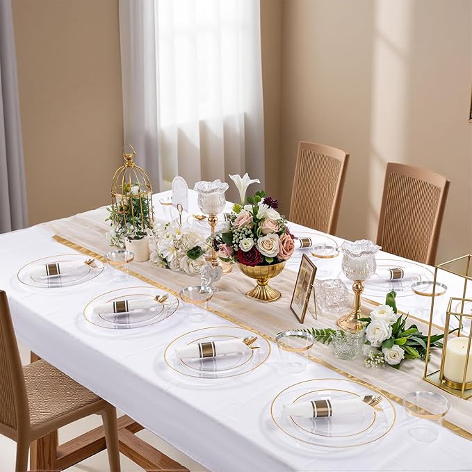 Plates Set, Gold Rim and Clear Plastic, 175 Pieces for 25 Guests