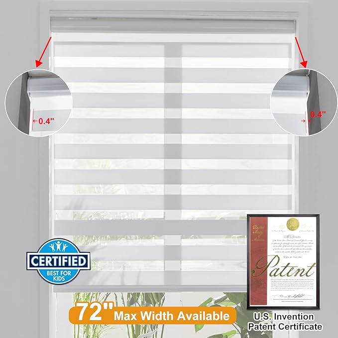 Persilux Cordless Zebra Blinds for Indoor Windows, Free-Stop Zebra Blinds Cordless, Light Filtering Sheer Shades Dual Layer for Day and Night, Zebra Roller Shades for Home (34.25" W X 72" H, White)