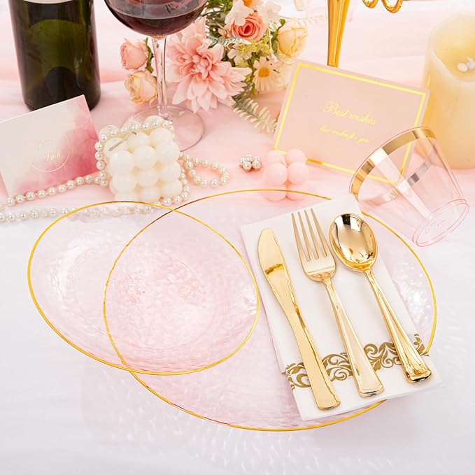 Plates for Parties: Round Pink Plastic Set with Gold Rim