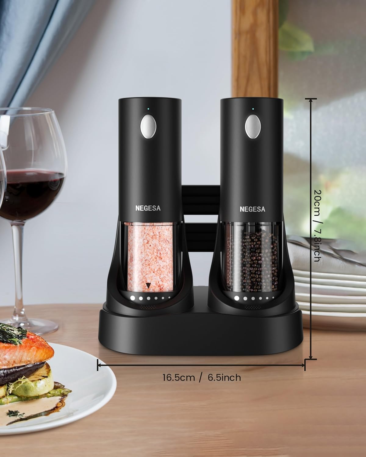 Electric Salt and Pepper Grinder Set with Rechargeable Base - Automatic – another angle