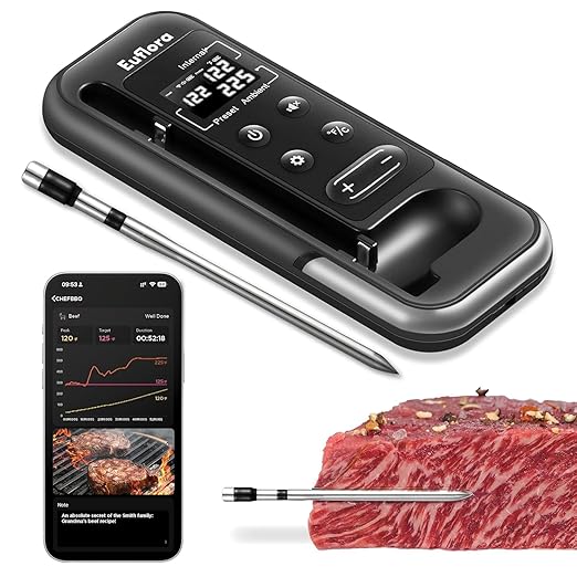 Wireless Meat Thermometer with Digital Meat Probe, Measures Internal & Ambient Temp, 800FT Bluetooth Meat Thermometer with Host Control for Barbecue, Outdoor Grilling, Oven & Smoker (Black)