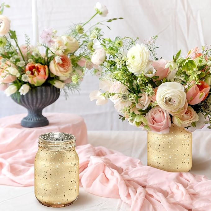 Mason Jar Set, 6 Gold Painted Jars with 6 LED Light Strings