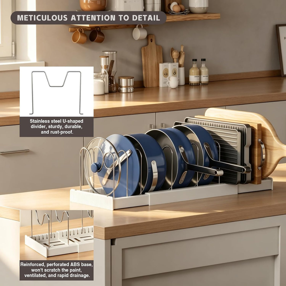 2 Pack Expandable Food Storage Container Lid Organizers, 22" Pots and Pans – features