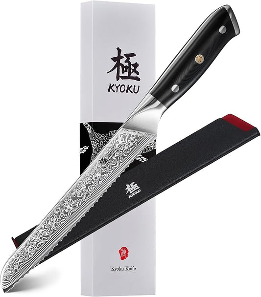 KYOKU Serrated Bread Knife - 8" - Shogun Series - Japanese VG10 Steel Core Damascus Blade - with Sheath & Case