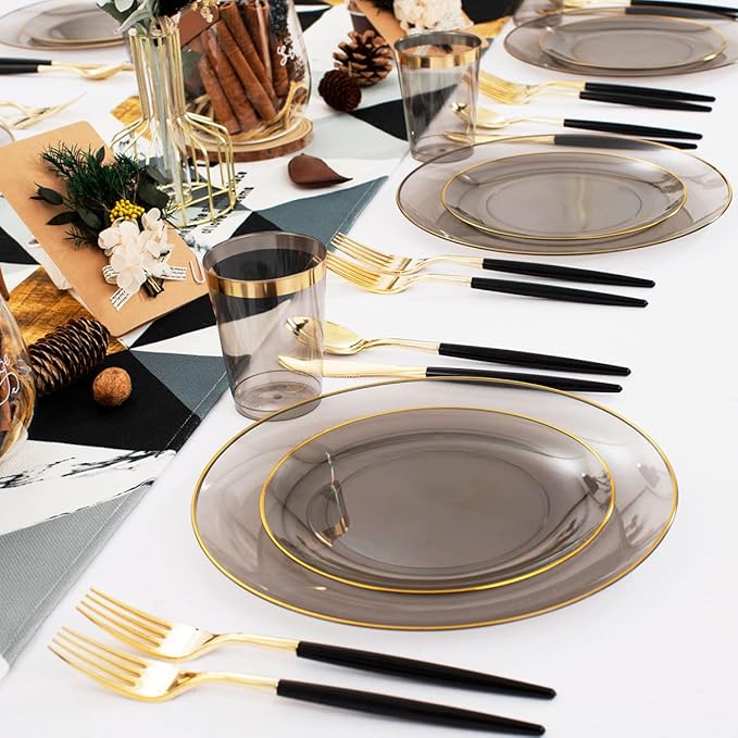 Disposable Black Plates with Gold Rim, 180-Piece Party Set