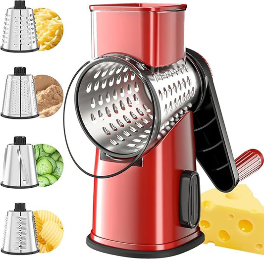 VEKAYA Cheese Grater, Cheese Grater Hand Crank, 4 Interchangeable Blades Cheese Shredder, Vegetable Slicer, Non-slip Suction Base, Easy to Clean Rotary Grater with Handle (Red)