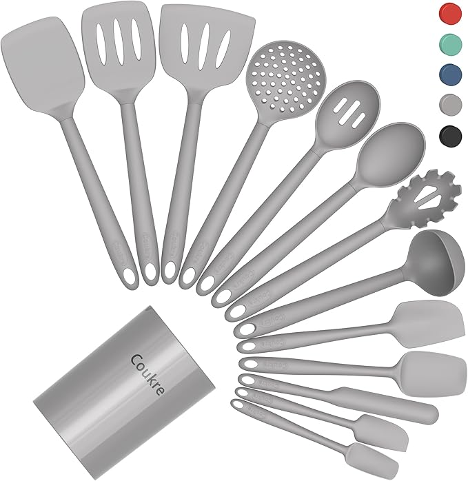 Silicone Kitchen Cooking Utensils Set with Holder – 14, PureGray