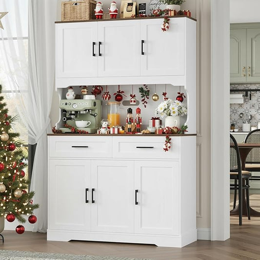 FACBOTALL Tall Kitchen Pantry Cabinet, Farmhouse Food Pantry Cabinet with Doors and Adjustable Shelves, Kitchen Hutch with Countertop and Microwave Stand for Dining Room, Living Room, White