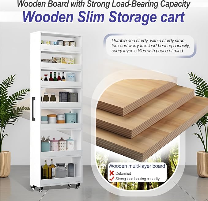 7-Tier Slim Storage Cart, Wooden Rolling Pantry Cabinet with Wheels, Narrow Shelf Organizer for Kitchen, Bakers Rack, Dining Room, Closet, Small Spaces Teak 47.2" H*7.8" W*23.6" D