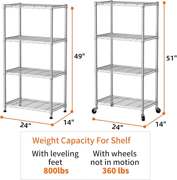 Standing Shelf Unit, 4-Tier Metal Wire Rack with Wheels, White