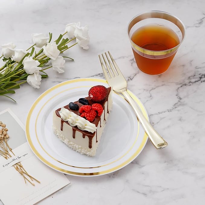 Plates Set, Disposable Plastic, Gold, 150 Pieces for 25 Guests