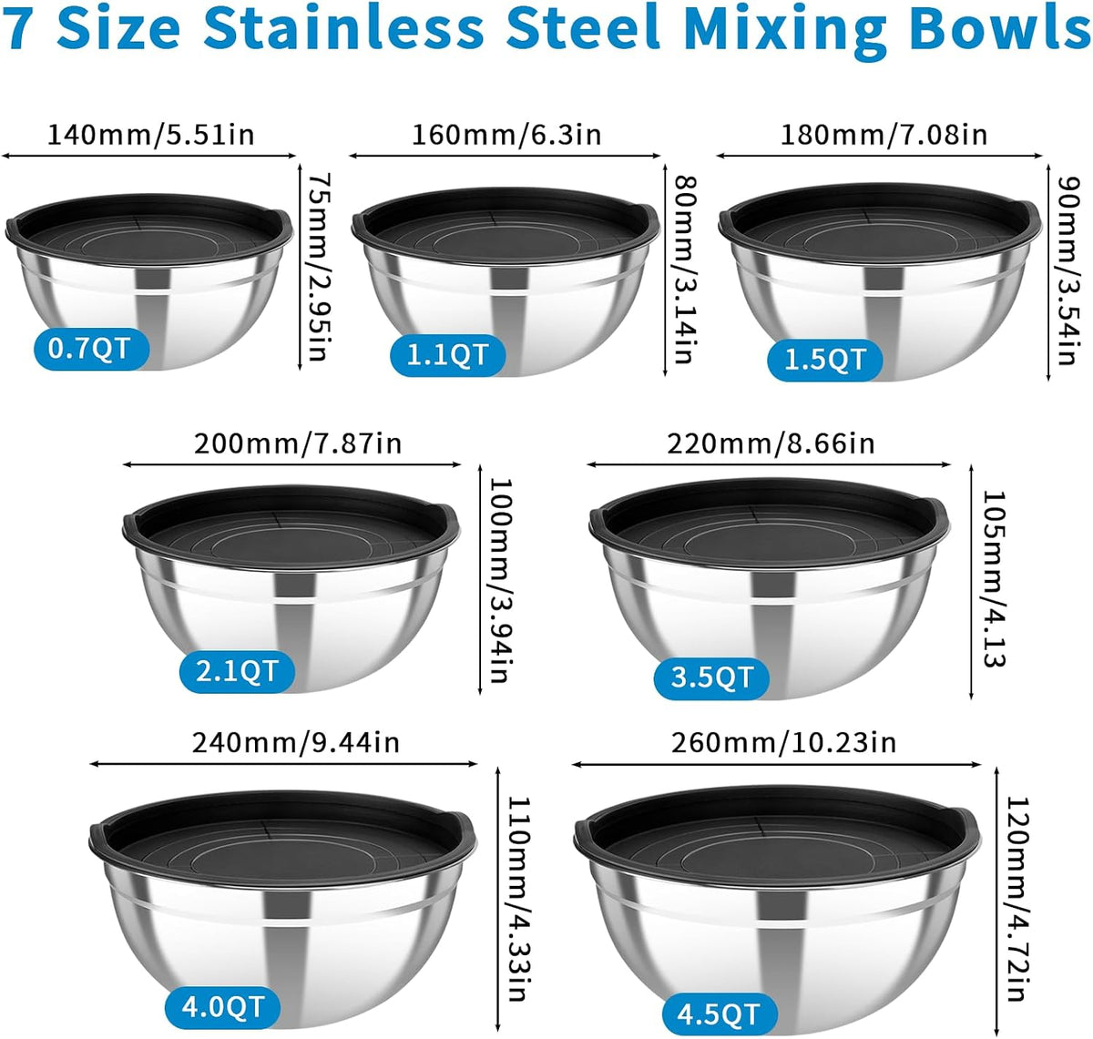 Stainless Steel Mixing Bowls with Lids, 7-Piece Nesting Bowl Set – detail