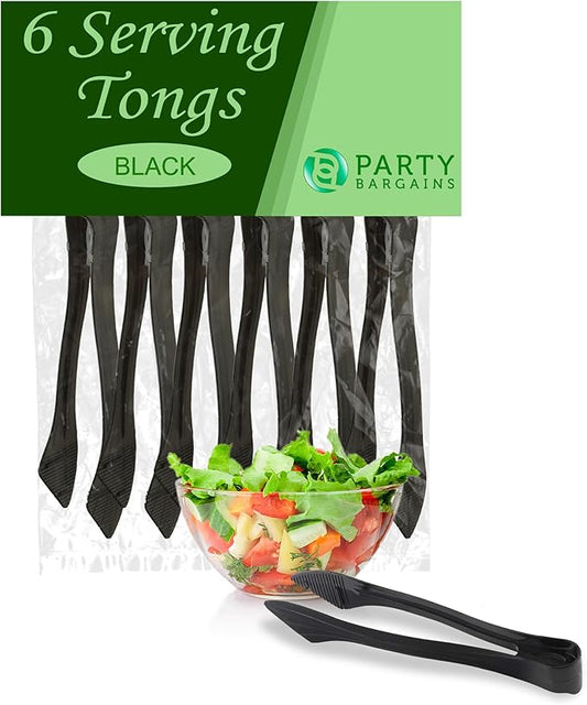 PARTY BARGAINS 8.5 Inches Plastic Serving Tongs, 6 Pack, Premium Quality & Heavy-Duty Black Plastic Tongs for BBQ, Salads, Grilling, Buffets, & Kitchen