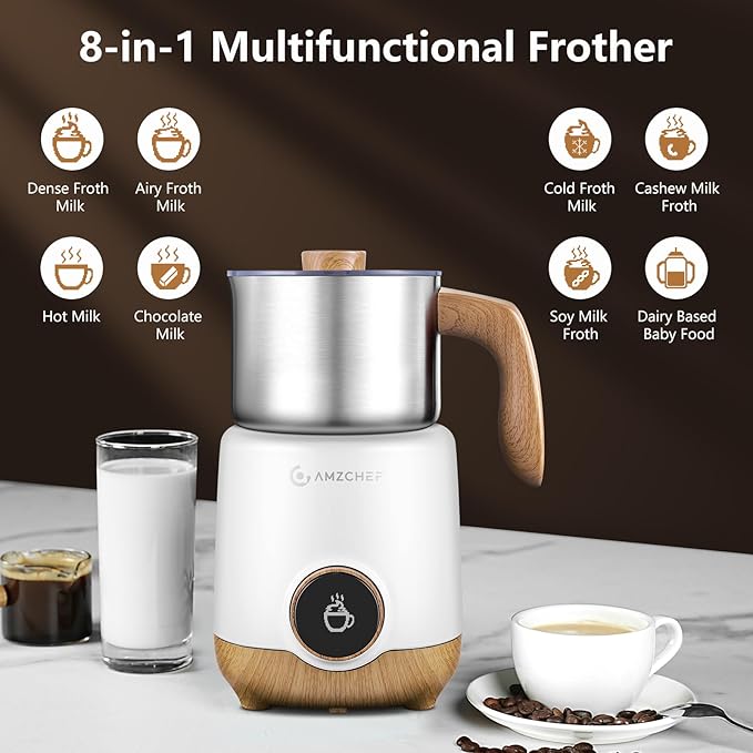 AMZCHEF 8-IN-1 Milk Frother and Steamer 550 Watts, 21 oz Split Stainless Steel Automatic Steamer, Milk's Warmer for Latte, Cappuccino, Hot and Cold Froth, Heated Milk, Hot Chocolate, Baby Food White