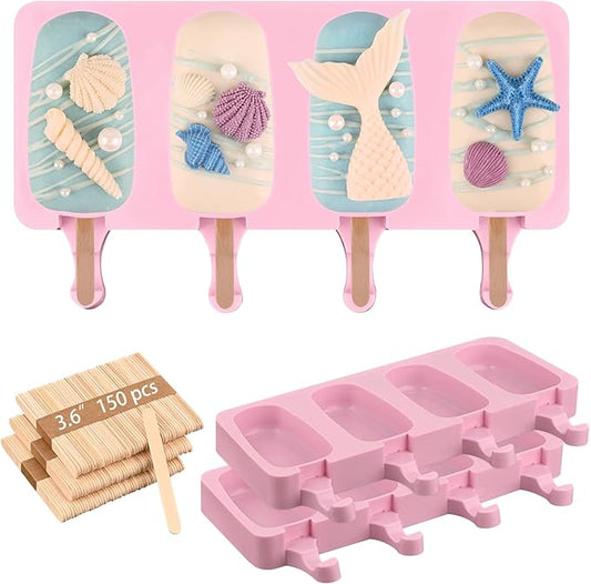 Sakolla Large Silicone Popsicle Molds Set of 3, Oval 4 Cavities Homemade Ice Pop Molds with 150 Wooden Sticks for Ice Cream, Cakesicles, Cake Pop (Pink)