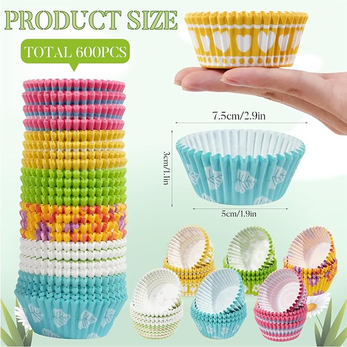 Baking Cups, 600 Pack Easter Paper Liners in 6 Bunny and Floral Designs