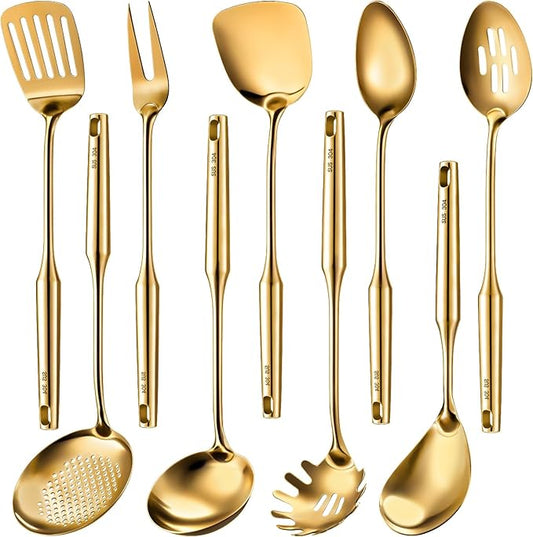 9 Pcs 304 Stainless Steel Utensils Set with Wood Handle Metal Cooking Tool Spatula, Solid Spoon, Slotted Spoon, Fork, Ladle, Skimmer, Slotted Spatula Spaghetti(Gold,Stainless Steel)