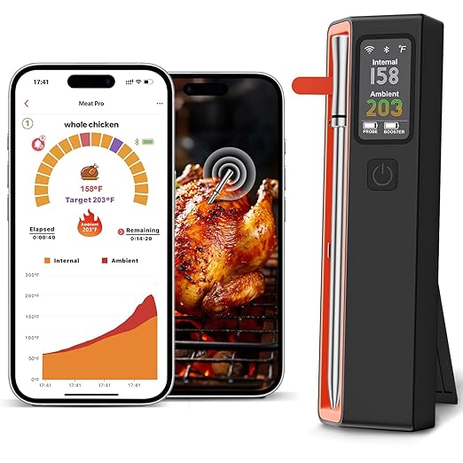 Wireless Bluetooth Smart Meat Thermometer: ±0.5°F Precision, 1 Probe with 6 Sensors - WiFi Thermometer NIST Certified Accuracy, LED Smart Base, Long-Range for BBQ, Oven, Smoker, Rotisserie