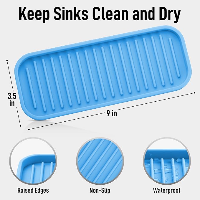 Kitchen Sponge Holder, Blue Silicone Sink Tray, 9 x 3.5 Inches