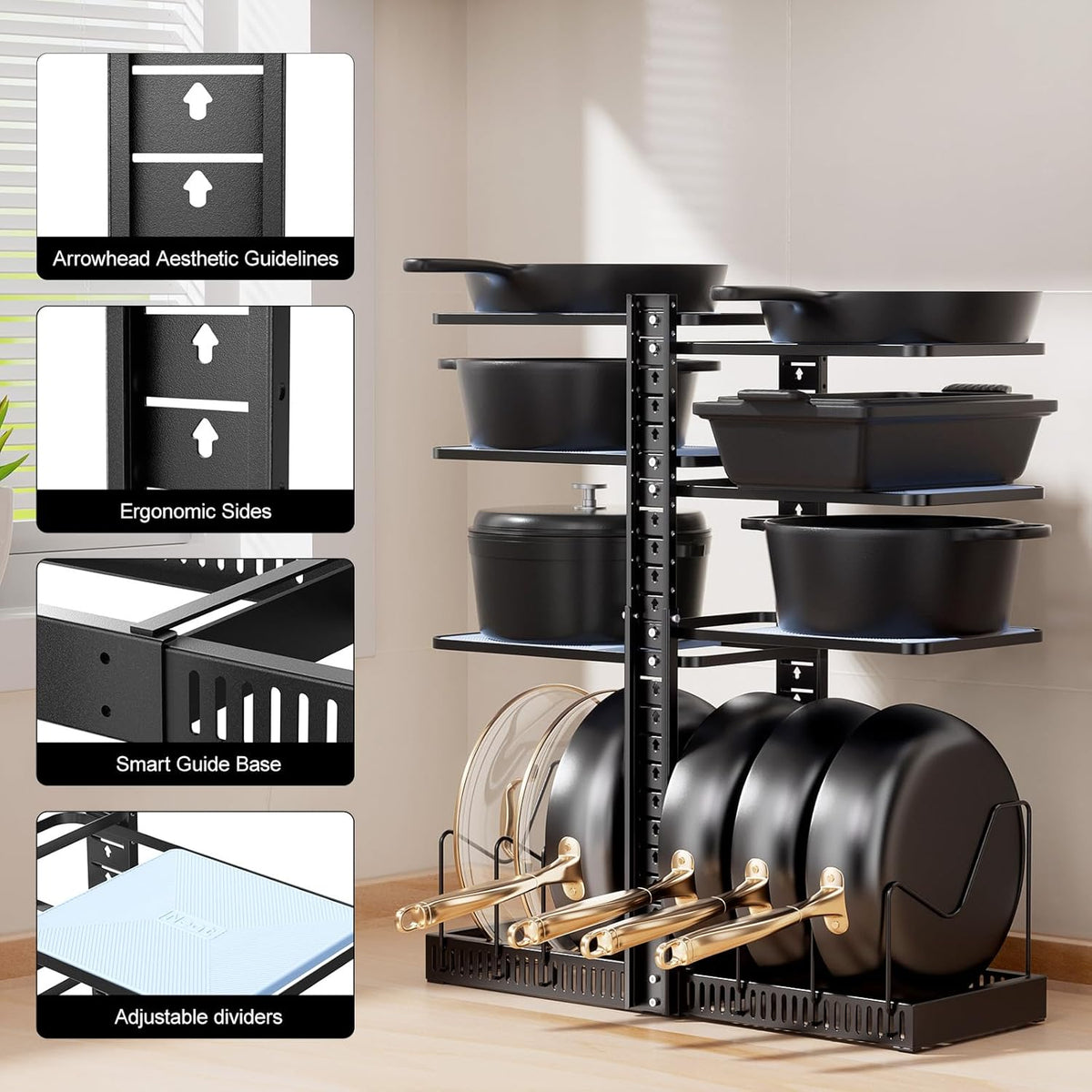 Pots and Pans Organizer under Cabinet, Kitchen Storage Rack, Black – size reference