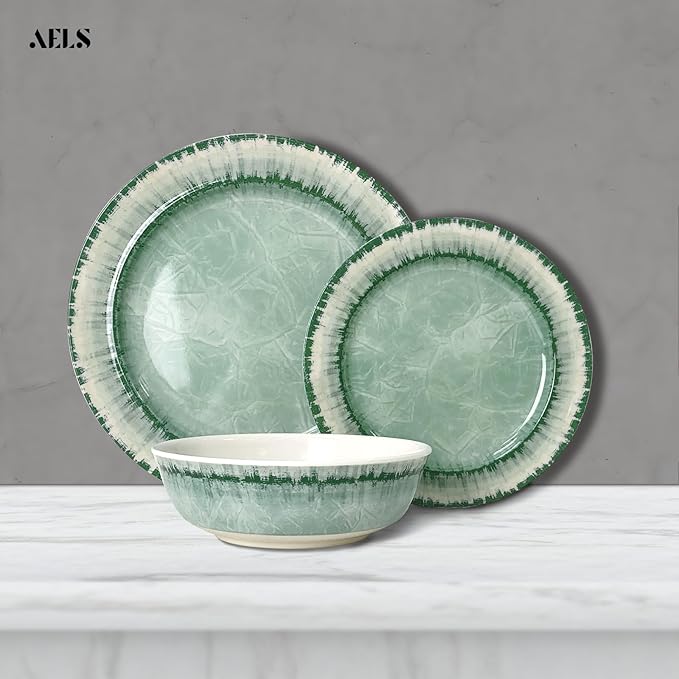 AELS Melamine Dinnerware Set of 18 Pcs Dinner Dishes Set, Lightweight Unbreakable for Indoor and Outdoor Use, BPA Free, Dishwasher Safe, Sage Green