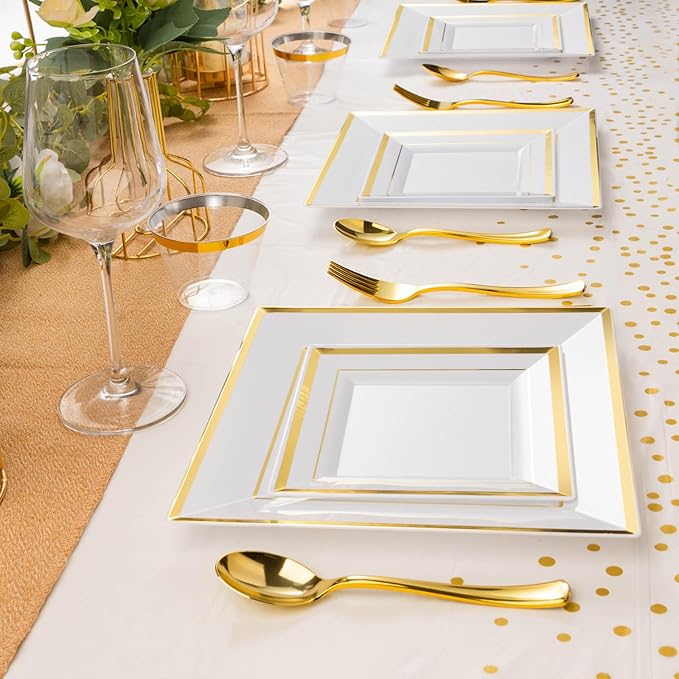 Plastic Party Plates Set, 352 Pieces, Gold Rim, Serves 50