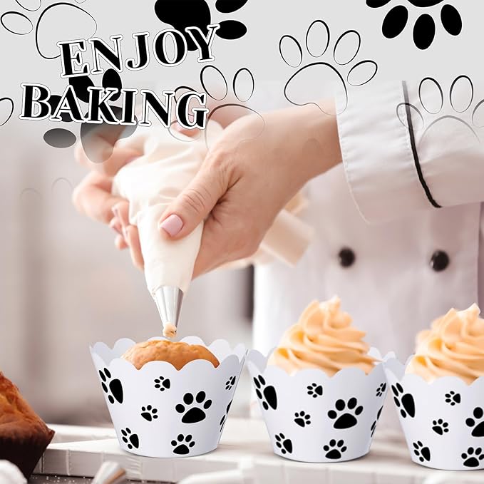 Baking Cups, 100 Count Dog Paw Print Cupcake Liners in Black and White