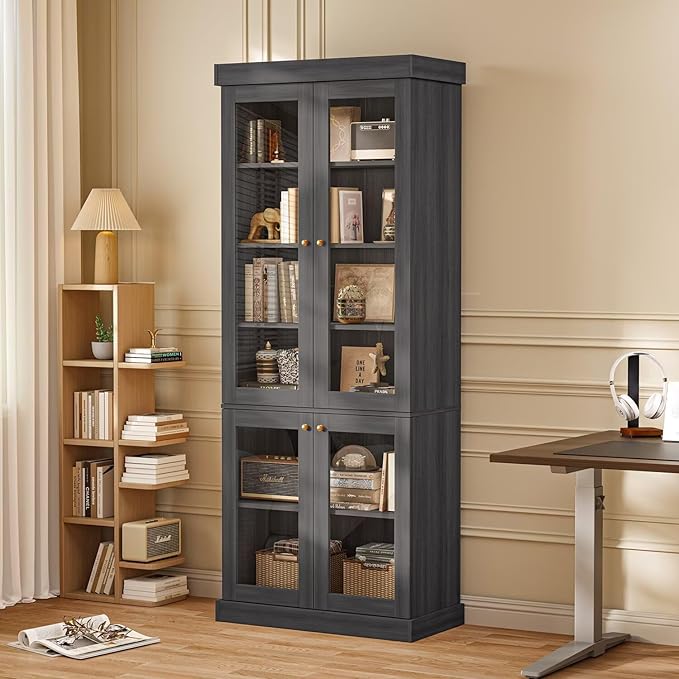 70.8" Tall Farmhouse Bookshelf with Glass Doors, Modular Bookcase with 6-Tier Adjustable Shelves, Large Storage Cabinet for Kitchen, Living Room, Black, Set of 3