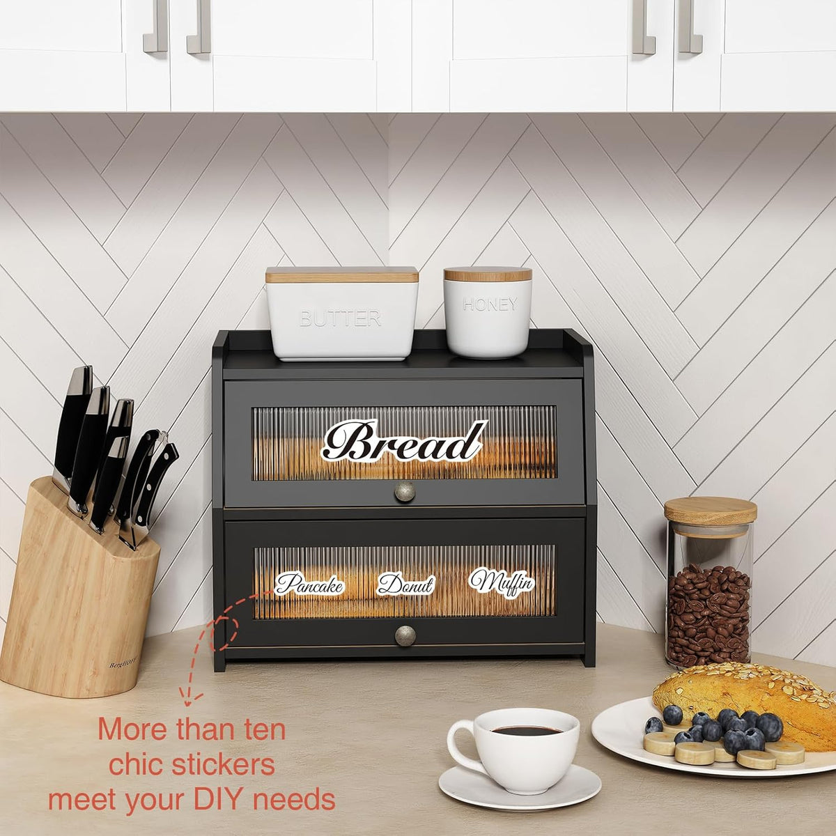 Large Bread Box for Kitchen Countertop, Black Bread Storage Container – features