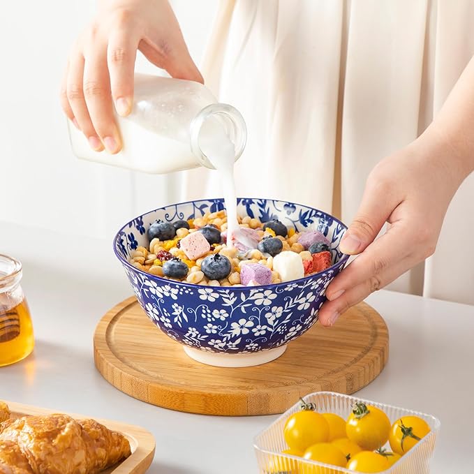 Porcelain Cereal Bowls Set of 6, 24 oz Blue Floral Design