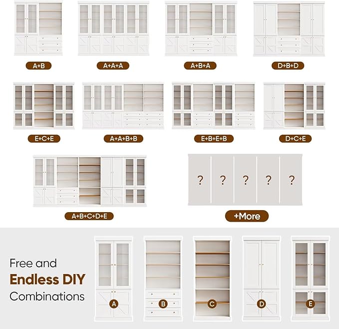 70.8" Tall Farmhouse Bookshelf with Glass Doors, Modular Bookcase with 6-Tier Adjustable Shelves, Large Storage Cabinet for Kitchen, Living Room, White, Set of 4