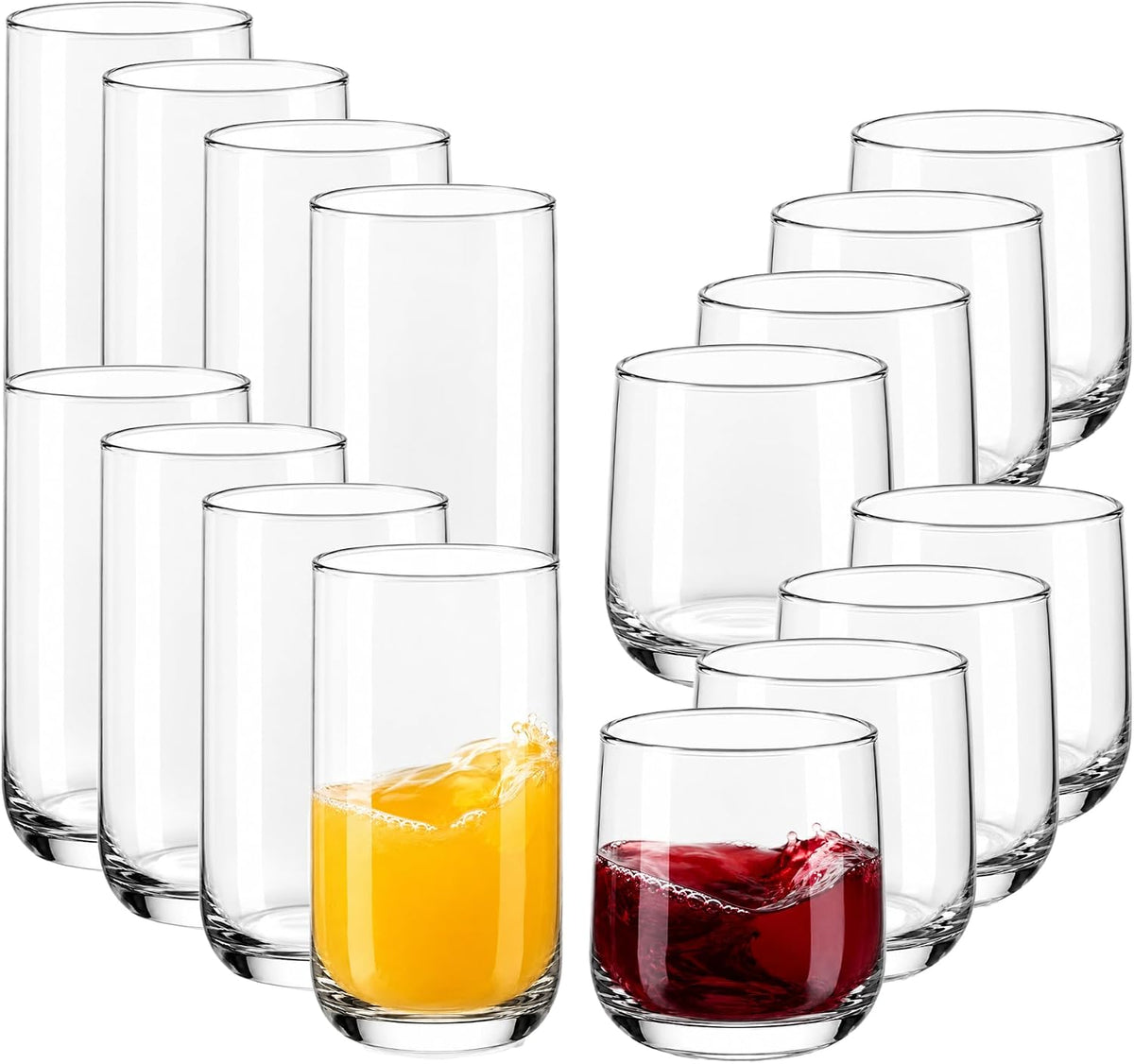 Ascent Tumbler & Rocks Drinking Glasses Set of 16, Clear Glass Cups