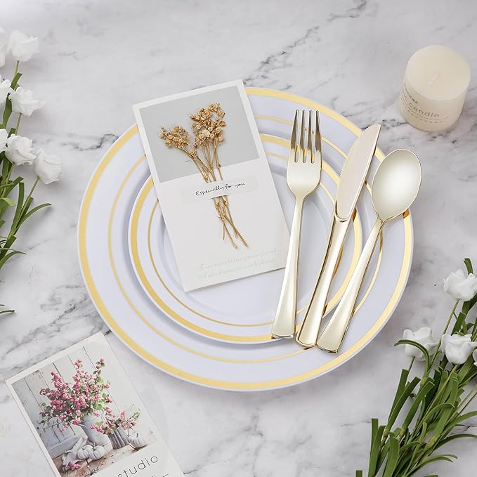 Plates Set, Disposable Plastic, Gold, 150 Pieces for 25 Guests