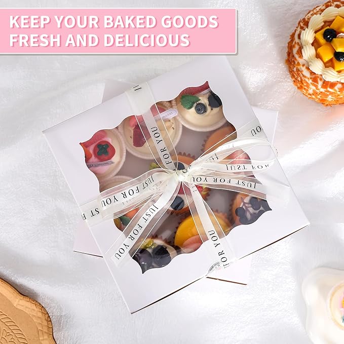 28 Pack Cake Boxes with Window, 10x10x5 Inches Bakery Containers, 10 Inch Cake Carrier, Disposable Bakery Boxes for Cake Cupcake Cookie Pie Pastry (White, 10105 inch/28pcs)