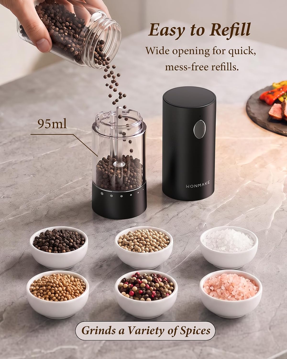 Electric Salt and Pepper Grinder Set with Charging Base, Black/Set – features
