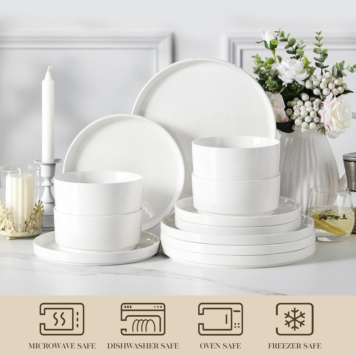 12 Pieces Porcelain Dinnerware Set, Modern White Dish Set for 4, Premium – alternate view