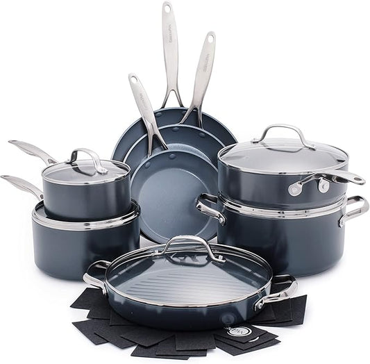 GreenPan 16 Piece Valencia Pro Ceramic Nonstick Cookware Set, PFAS-Free, Induction Ready, Hard Anodized Pots & Pans with Lids, Compatible on All Cooktops, Dishwasher & Oven Safe, Gray
