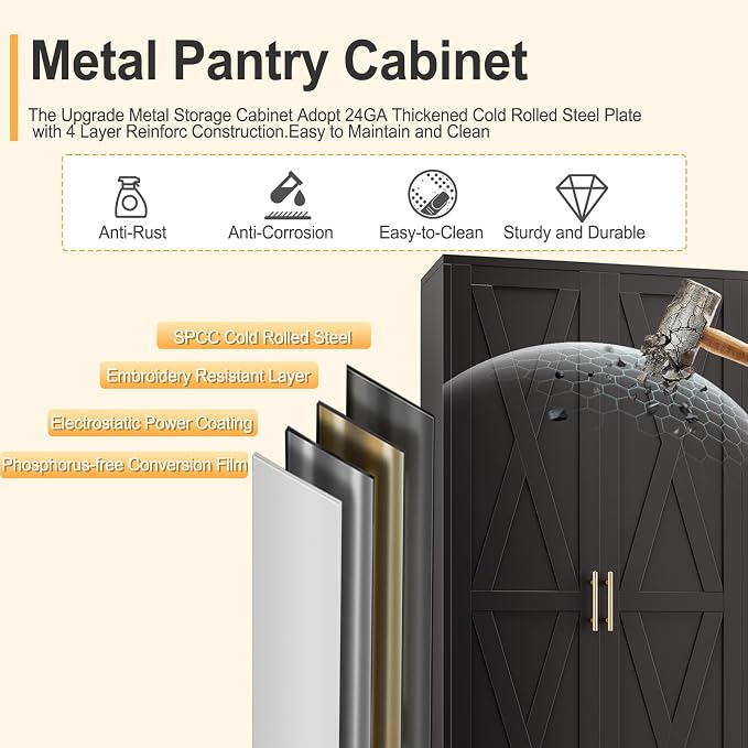 71" H Metal Kitchen Pantry Storage Cabinet, Freestanding Cupboard - Image 5