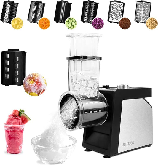 7 in 1 Electric Cheese Grater Ice Shaver with 7 Blades Stainless Steel Multifunctional Vegetable Shredder 250W BPA-Free 110V