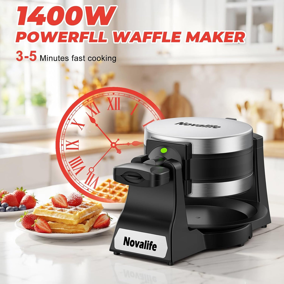 Waffle Maker, 1400W Belgian Waffle Maker, Double Waffle Iron 180° Flip, 8 – close-up