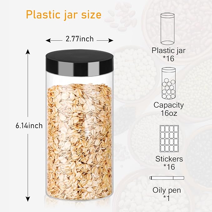 Food Jars with Lids, 16 oz Clear Plastic Storage Containers, 16 Pack