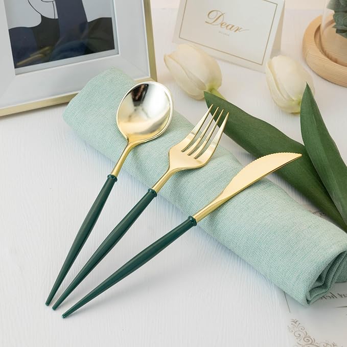 Plastic Spoons, Forks and Knives Set, 90 Pieces, Gold with Green Handles