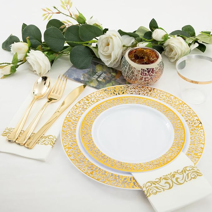 Plates: Gold Plastic Disposable Set for 50 Guests, Dinner and Dessert Sizes