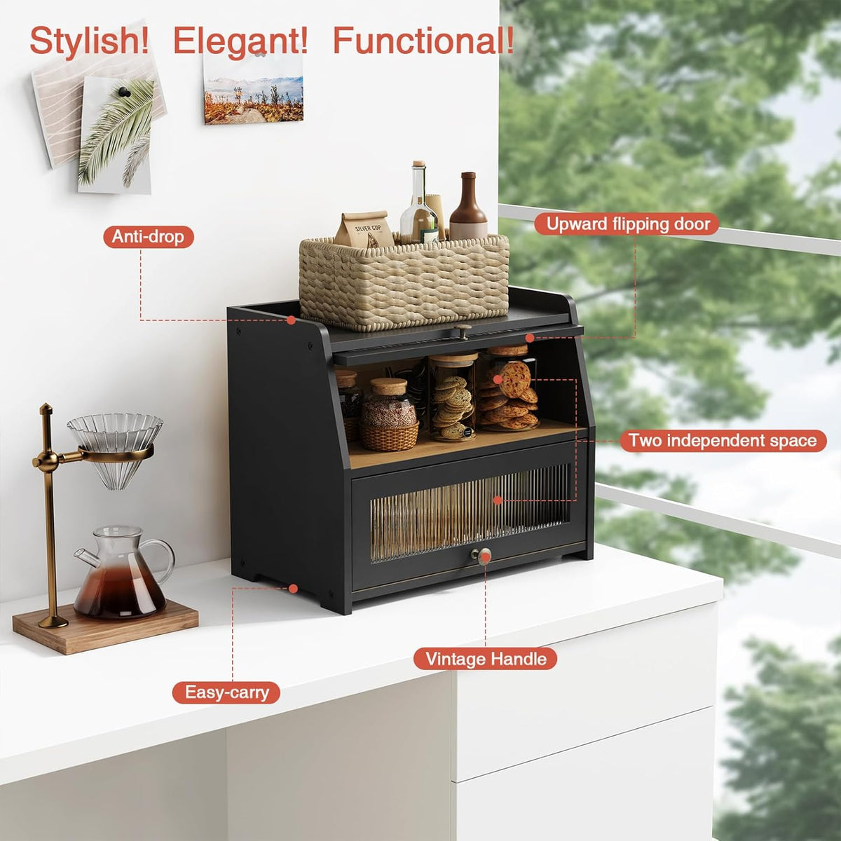 Large Bread Box for Kitchen Countertop, Black Bread Storage Container – alternate view