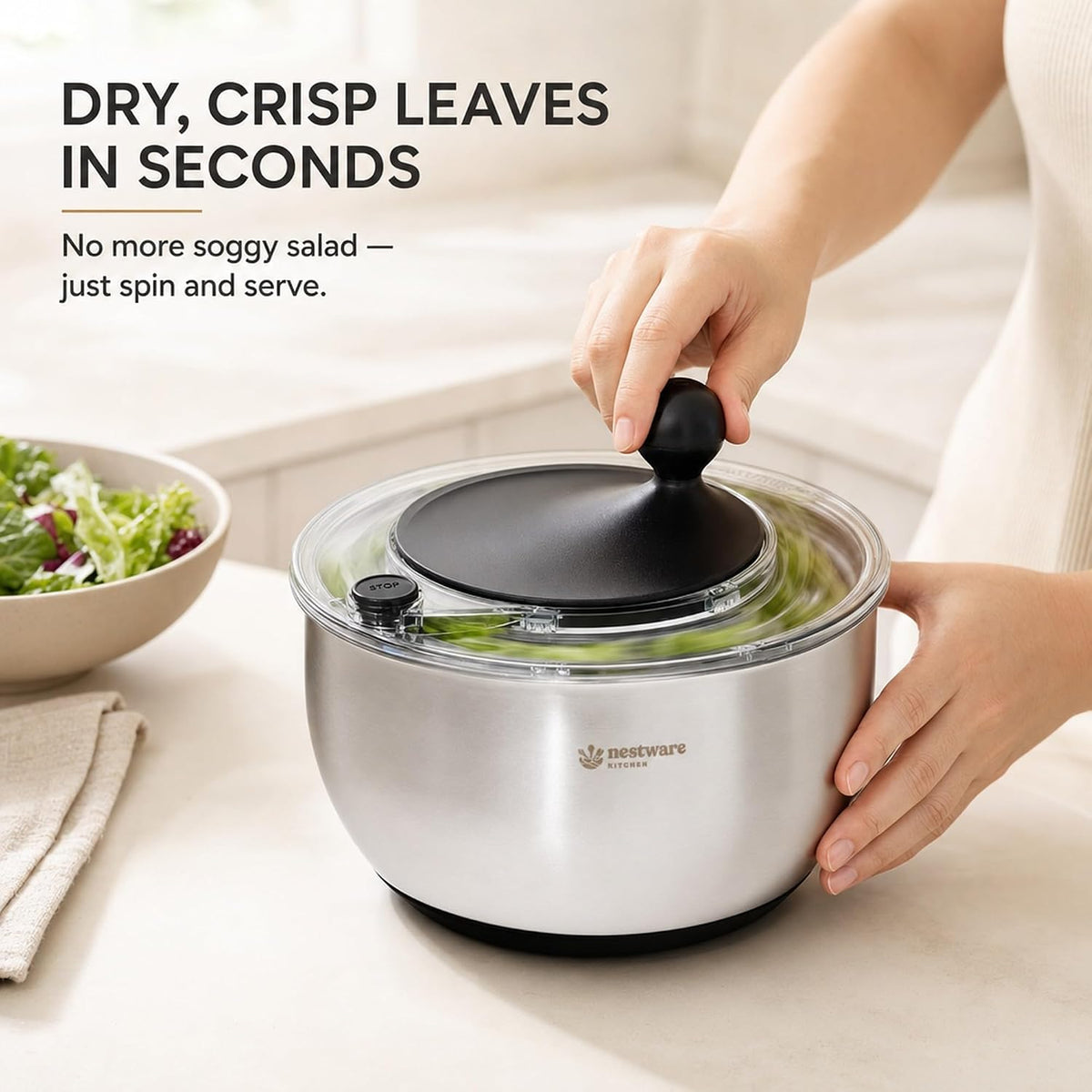 Large Stainless Steel Salad Spinner, 5.3 Qt, Black – alternate view